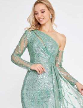 Mint Sequin One-Shoulder Sheer-Sleeve Gown