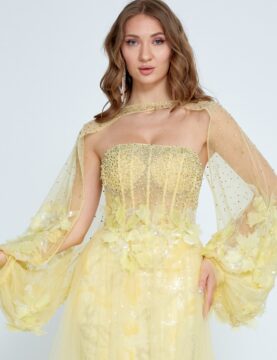 Yellow Beaded Strapless Gown with Sheer Cape