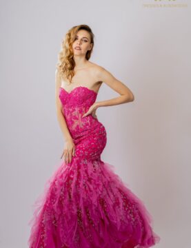 Silver Sequin V-Neck Gown with Tulle Cape