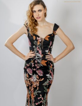 Black Floral-Embroidered Deep-V Mermaid Gown