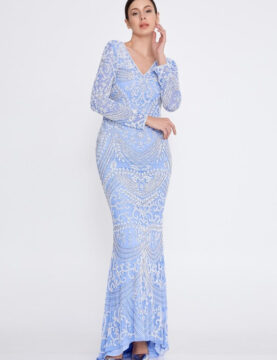 Light Blue Sequin Long-Sleeve Mermaid Gown