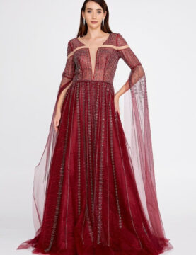 Burgundy Beaded Cape-Sleeve A-Line Gown
