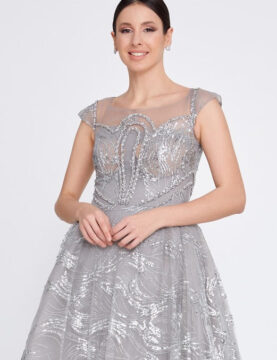 Silver Beaded V-Neck Cap-Sleeve Gown