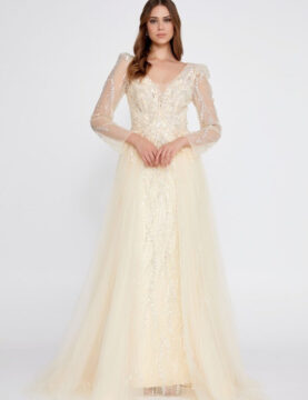 Ivory Beaded Long-Sleeve Tulle A-Line Gown