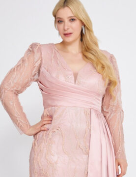 Blush Satin-Lace Long-Sleeve Plus Gown