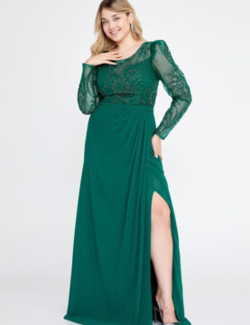 Emerald Sequin-Lace Long-Sleeve Slit Gown