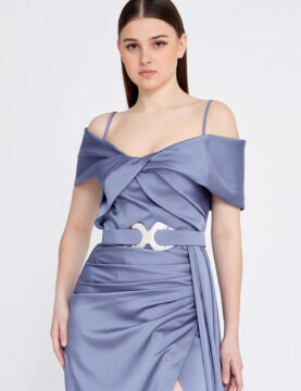 Dusty Blue Satin Off-Shoulder Belted Midi