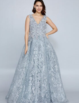 Silver Lace Floral Appliqué A-Line Gown