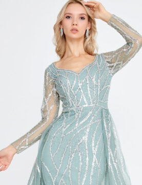 Sage Sequin Sheer-Sleeve V-Neck Gown