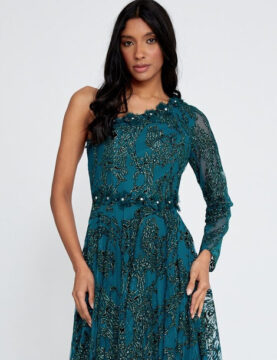Teal Lace One-Shoulder Long-Sleeve Dress