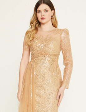 Gold Sequin One-Shoulder Train Gown