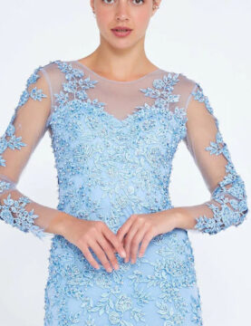Sky Blue Floral Appliqué Long-Sleeve Mermaid Gown