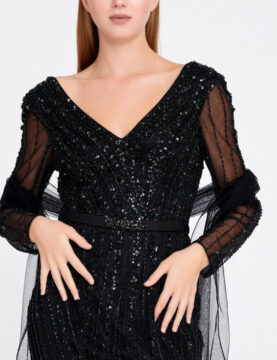 Black Sequin Sheer-Sleeve Beaded Gown