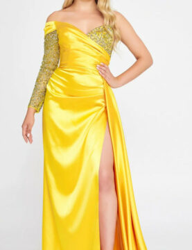 Yellow Satin One-Shoulder Slit Gown with Beaded Sleeve
