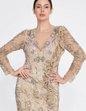 Champagne Floral-Lace Ruffle Gown