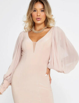 Blush Pleated Satin Balloon-Sleeve Bodycon