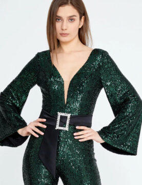 Black Tuxedo Lace-Sleeve Belted Jumpsuit