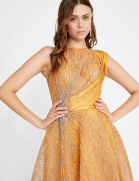 Navy Satin Glitter-Cape Sweetheart Gown
