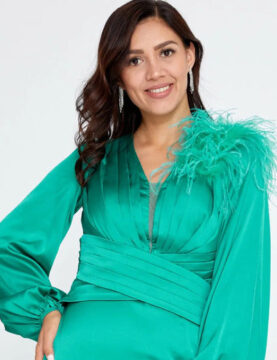 Emerald Satin Feather-Shoulder Long-Sleeve Dress