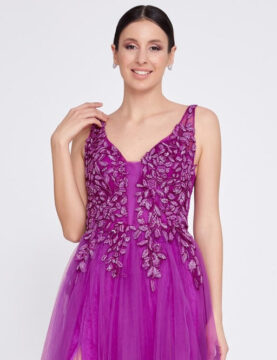 Dusty Blue Chiffon Gown with Beaded Shoulder Detail