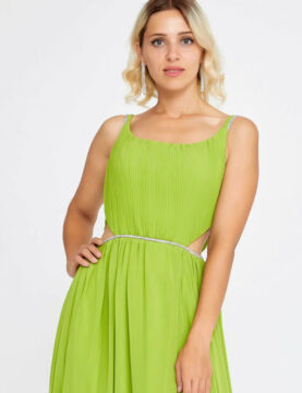 Lime Pleated Cutout Midi Dress with Rhinestone Belt