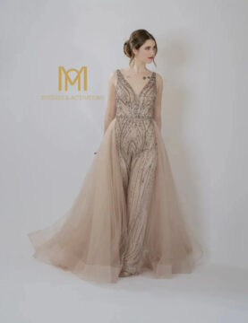 Champagne Beaded Jumpsuit with Tulle Overskirt