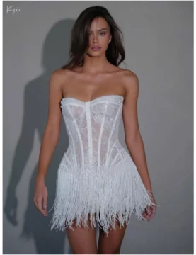 Kyoto Customized White Lace Tassel Mini Wedding Dress Strapless Sheath vestidos de noiva Lace-up Back After Party Dresses 2026