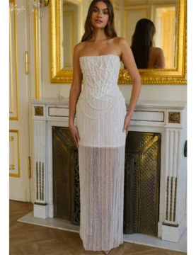 Kyoto Customized Ivory Shiny Sequins Strapless Wedding Dress Column Beaded vestidos de novia Floor-Length Lace-Up Formal Evening