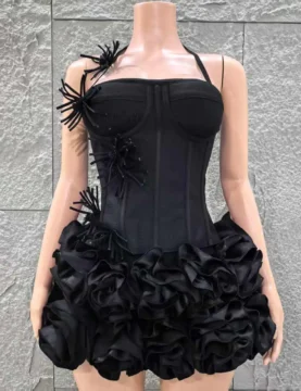 2025 New Black Color Women Sexy Strapless Florals 2 Pieces Bodycon Mini Bandage Dress Celebrate Nightclub Party Bar Singer Wear