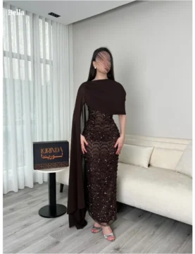 Bella Customized Chocolate Brown One-Shoulder Capelet Sequin Prom Dress Slim Fit Party Dresses Floor-Length Elegant Formal Gown